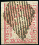 Stamp of Switzerland / Schweiz » Sitzende Helvetia Ungezähnt » 1854-55 Berner Druck (I) 15Rp karminrosa vom linken Bogenrand, entwertet mi