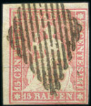 Stamp of Switzerland / Schweiz » Sitzende Helvetia Ungezähnt » 1854-55 Berner Druck (I) 15Rp karminrosa vom linken Bogenrand, entwertet mi