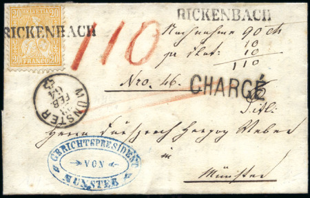 Stamp of Switzerland / Schweiz » Sitzende Helvetia Gezaehnt » Briefmarken 1862 20C orange gestempelt RICKENBACH (Gruppe 30) auf C