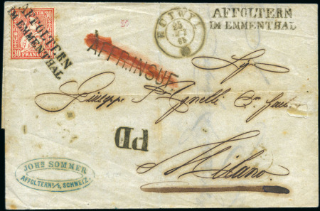 Stamp of Switzerland / Schweiz » Sitzende Helvetia Gezaehnt » Briefmarken 1862 30C zinnober (unten angeschnitten) gestempelt AFFO