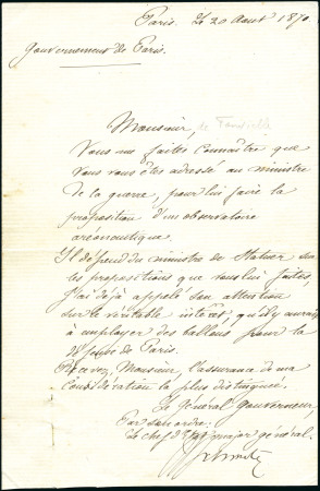 Stamp of France » Guerre de 1870-1871 Lettre du Gouvernement de Paris du 20.08.1870