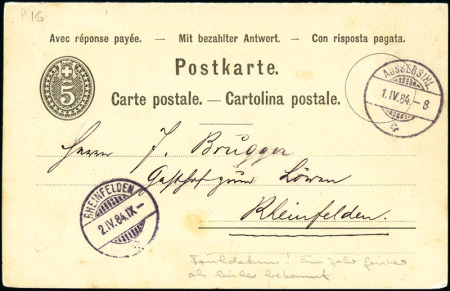 Stamp of Switzerland / Schweiz » Ganzsachen » Postkarten 1884 5C+5C schwarz, 1. und 3. Seite bedruckt