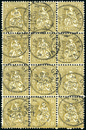 Stamp of Switzerland / Schweiz » Sitzende Helvetia Gezaehnt » Briefmarken 1881 Faserpapier 1Fr. golden, im 12er-Block gestempelt GENEVE