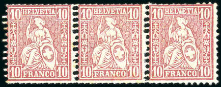 Stamp of Switzerland / Schweiz » Sitzende Helvetia Gezaehnt » Briefmarken 1881 Faserpapier 10C rot, Abart: Doppelzähnung, postfrischer Dreierstreifen