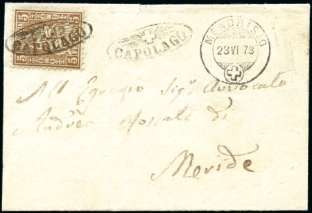 Stamp of Switzerland / Schweiz » Sitzende Helvetia Gezaehnt » Briefmarken 1862 5C braun, mit Strahlenstempel CAPOLAGO (AW Gr. 68)