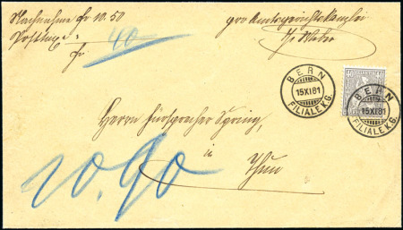 Stamp of Switzerland / Schweiz » Sitzende Helvetia Gezaehnt » Briefmarken 1867-1878 40C grau, entwertet mit klarem BERN 15 XI 81
