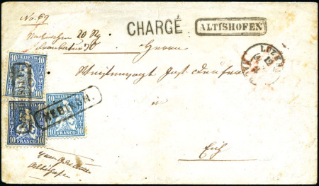 Stamp of Switzerland / Schweiz » Sitzende Helvetia Gezaehnt » Frankaturen 10C blau, 10C dunkelblau und 10C grünlichblau