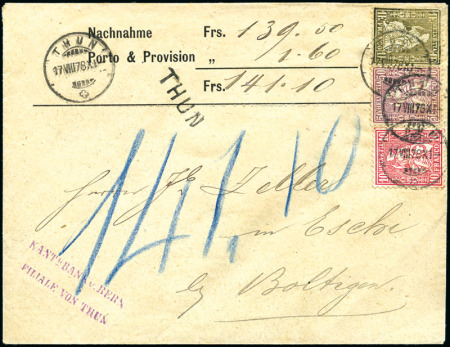 Stamp of Switzerland / Schweiz » Sitzende Helvetia Gezaehnt » Frankaturen 1Fr golden, 50C lila und 10C rot, weisses Papier