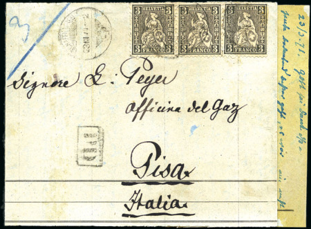 Stamp of Switzerland / Schweiz » Sitzende Helvetia Gezaehnt » Destinationen ITALIEN 1871: 3C schwarz, drei Exemplare