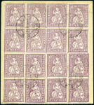 Stamp of Switzerland / Schweiz » Sitzende Helvetia Gezaehnt » Briefmarken 1881 Faserpapier 50C lila, vier Viererblöcke auf Teil einer Begleit-Adresse