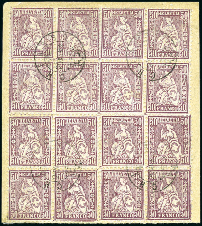 Stamp of Switzerland / Schweiz » Sitzende Helvetia Gezaehnt » Briefmarken 1881 Faserpapier 50C lila, vier Viererblöcke auf Teil einer Begleit-Adresse
