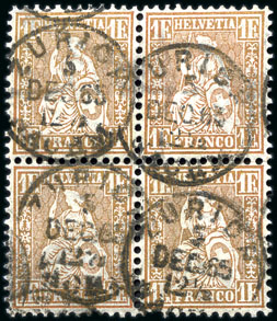 Stamp of Switzerland / Schweiz » Sitzende Helvetia Gezaehnt » Briefmarken 1862 1Fr. goldbronze, rötlich, Viererblock