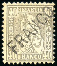 Stamp of Switzerland / Schweiz » Sitzende Helvetia Gezaehnt » Briefmarken 1867-1878 40C grau, entwertet mit Stabstempel FRANCO