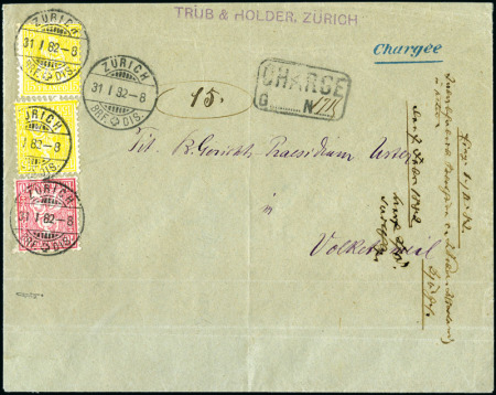 Stamp of Switzerland / Schweiz » Sitzende Helvetia Gezaehnt » Frankaturen 15C gelb (2), Faserpapier, und 10C karmin, Faserpapier
