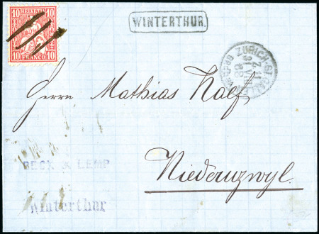 Stamp of Switzerland / Schweiz » Sitzende Helvetia Gezaehnt » Briefmarken 1867-1878 10C rot, mit Tintenentwertung auf Faltbrief