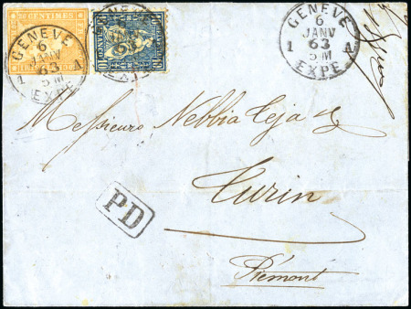 Stamp of Switzerland / Schweiz » Sitzende Helvetia Ungezähnt » 1857-62 Berner Druck, Dickes Papier 20Rp orange in Ausgabenmischfrankatur