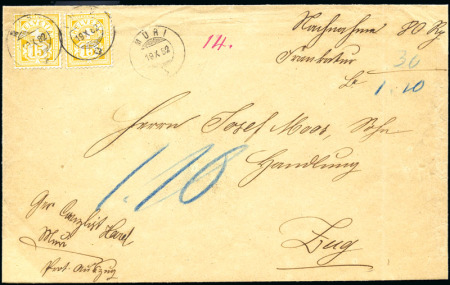 Stamp of Switzerland / Schweiz » Ziffermuster 1882 15C gelb, weisses Papier, zwei Exemplare
