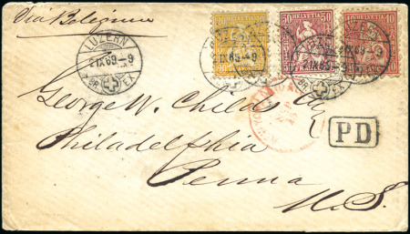 Stamp of Switzerland / Schweiz » Sitzende Helvetia Gezaehnt » Destinationen USA 1869: 20C orange + 10C karmin + 50C lila