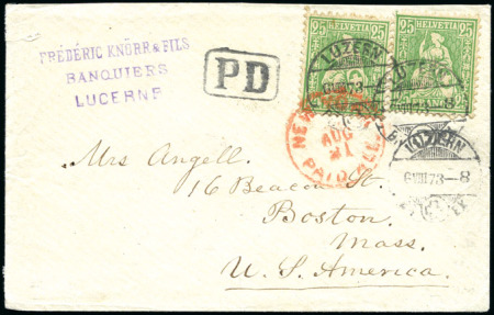 Stamp of Switzerland / Schweiz » Sitzende Helvetia Gezaehnt » Destinationen USA 1873: 25C grün (2) auf kleinformatigem Kuvert