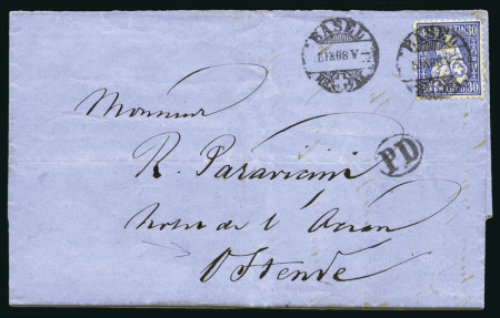 Stamp of Switzerland / Schweiz » Sitzende Helvetia Gezaehnt » Destinationen BELGIEN 1868: 40C grün und 30C ultramarin