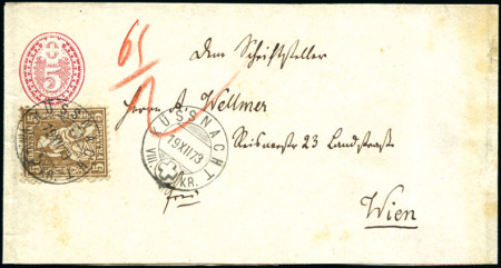 Stamp of Switzerland / Schweiz » Ganzsachen » Streifbänder 1873 5C rosa zusammen mit Sitzende Helvetia 5C braun