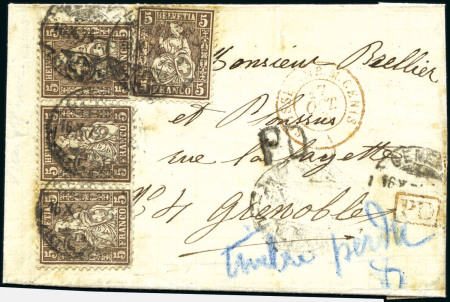 Stamp of Switzerland / Schweiz » Sitzende Helvetia Gezaehnt » Frankaturen 5C braun (4 davon 1 mit Mängeln)