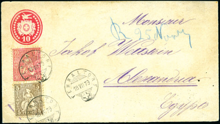Stamp of Switzerland / Schweiz » Sitzende Helvetia Gezaehnt » Destinationen AEGYPTEN 1879: 10C rot und 5C braun