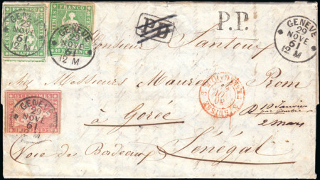 Stamp of Switzerland / Schweiz » Sitzende Helvetia Ungezähnt » 1857-62 Berner Druck, Dickes Papier Einziger Strubelbrief nach Senegal