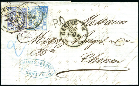 Stamp of Switzerland / Schweiz » Sitzende Helvetia Gezaehnt » Frankaturen ÄUSSERST SELTENE KOMBINATION DER BLAUEN 10ER