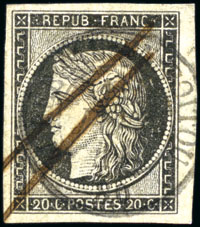 Stamp of France 1849 20c noir obl. T15 de Mirebeau en Poitou du 1e