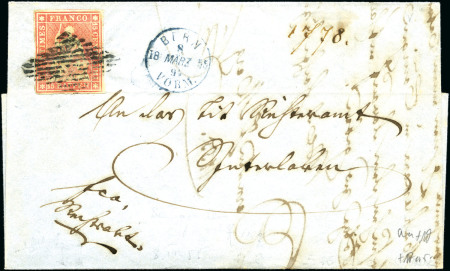 Stamp of Switzerland / Schweiz » Sitzende Helvetia Ungezähnt » Münchner Druck, 1. Auflage 15Rp mattrosa entwertet Raute auf Faltbrief