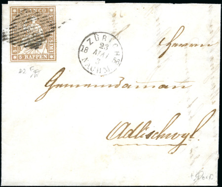 Stamp of Switzerland / Schweiz » Sitzende Helvetia Ungezähnt » III. Periode, dünnes Seidenpapier 5Rp mattgraubraun entwertet Raute auf Faltbrief