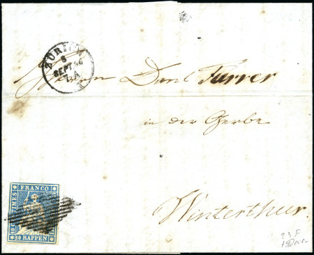 Stamp of Switzerland / Schweiz » Sitzende Helvetia Ungezähnt » III. Periode, dünnes Seidenpapier 10Rp blau entwertet Raute auf Faltbrief
