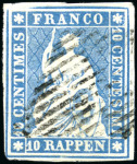 Stamp of Switzerland / Schweiz » Sitzende Helvetia Ungezähnt » Münchner Druck, 1. Auflage 10Rp preussischblau mit schwarzer Raute entwertet
