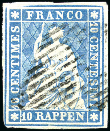 Stamp of Switzerland / Schweiz » Sitzende Helvetia Ungezähnt » Münchner Druck, 1. Auflage 10Rp preussischblau mit schwarzer Raute entwertet