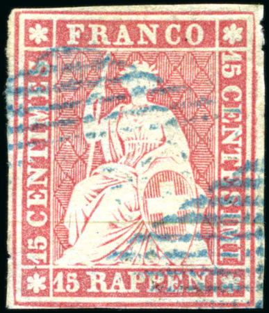 Stamp of Switzerland / Schweiz » Sitzende Helvetia Ungezähnt » Münchner Druck, 1. Auflage 15Rp rosa (braünlichrot) mit blauer Raute entwertet