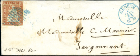 Stamp of Switzerland / Schweiz » Sitzende Helvetia Ungezähnt » Münchner Druck, 2. Auflage 5Rp braun mit blauer Raute entwertet