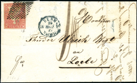Stamp of Switzerland / Schweiz » Sitzende Helvetia Ungezähnt » Münchner Druck, 1. Auflage 15Rp karminrosa entwertet Raute