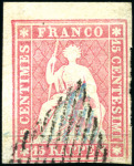 Stamp of Switzerland / Schweiz » Sitzende Helvetia Ungezähnt » Münchner Druck, 1. Auflage 15Rp rosa entwertet mit beide blauer und schwarzer Raute
