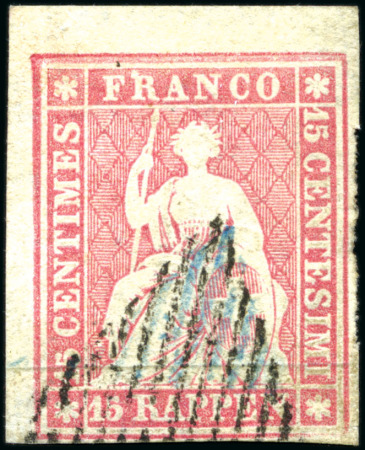 Stamp of Switzerland / Schweiz » Sitzende Helvetia Ungezähnt » Münchner Druck, 1. Auflage 15Rp rosa entwertet mit beide blauer und schwarzer Raute