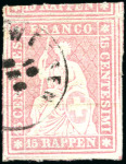 Stamp of Switzerland / Schweiz » Sitzende Helvetia Ungezähnt » 1854-55 Berner Druck (I) 15Rp rosa, enormrandig und mit Rundstempel