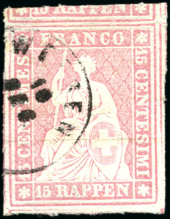 Stamp of Switzerland / Schweiz » Sitzende Helvetia Ungezähnt » 1854-55 Berner Druck (I) 15Rp rosa, enormrandig und mit Rundstempel