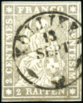 Stamp of Switzerland / Schweiz » Sitzende Helvetia Ungezähnt » 1857-62 Berner Druck, Dickes Papier 2Rp grau mit kl. Rundstempel KOLLIKEN 13 SEPT 62