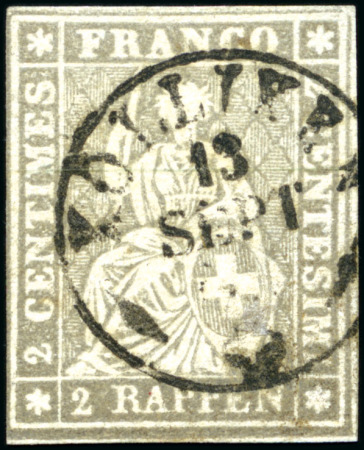 Stamp of Switzerland / Schweiz » Sitzende Helvetia Ungezähnt » 1857-62 Berner Druck, Dickes Papier 2Rp grau mit kl. Rundstempel KOLLIKEN 13 SEPT 62