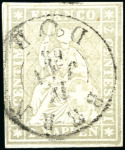 Stamp of Switzerland / Schweiz » Sitzende Helvetia Ungezähnt » 1857-62 Berner Druck, Dickes Papier 2Rp grau mit Rundstempel BERN 14 JAN 63 entwertet,