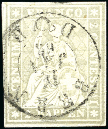 Stamp of Switzerland / Schweiz » Sitzende Helvetia Ungezähnt » 1857-62 Berner Druck, Dickes Papier 2Rp grau mit Rundstempel BERN 14 JAN 63 entwertet,