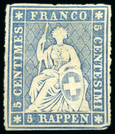 Stamp of Switzerland / Schweiz 5Rp blau, berner Probedruck, ohne Seidenfaden