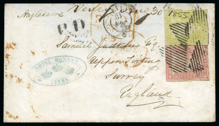Stamp of Switzerland / Schweiz » Sitzende Helvetia Ungezähnt » Münchner Druck, 1. Auflage 40Rp blassgelbgrün zusammen mit Berner Druck I 15Rp