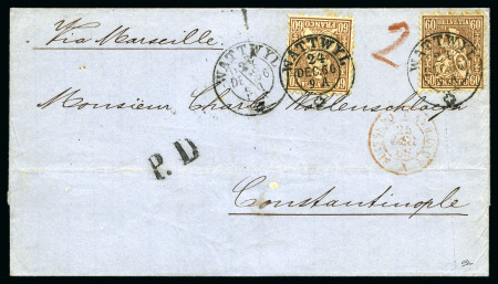 Stamp of Switzerland / Schweiz » Sitzende Helvetia Gezaehnt » Destinationen TURKEI 1866: 60C kupferbronze (2)