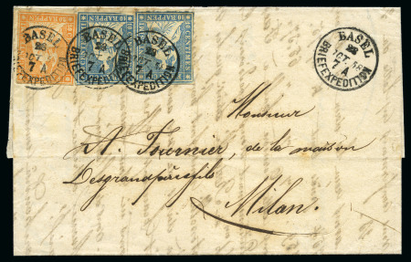 Stamp of Switzerland / Schweiz » Sitzende Helvetia Ungezähnt » 1856-57 Berner Druck (II) 10Rp blau (2) zusammen mit Berner Druck IV 20Rp